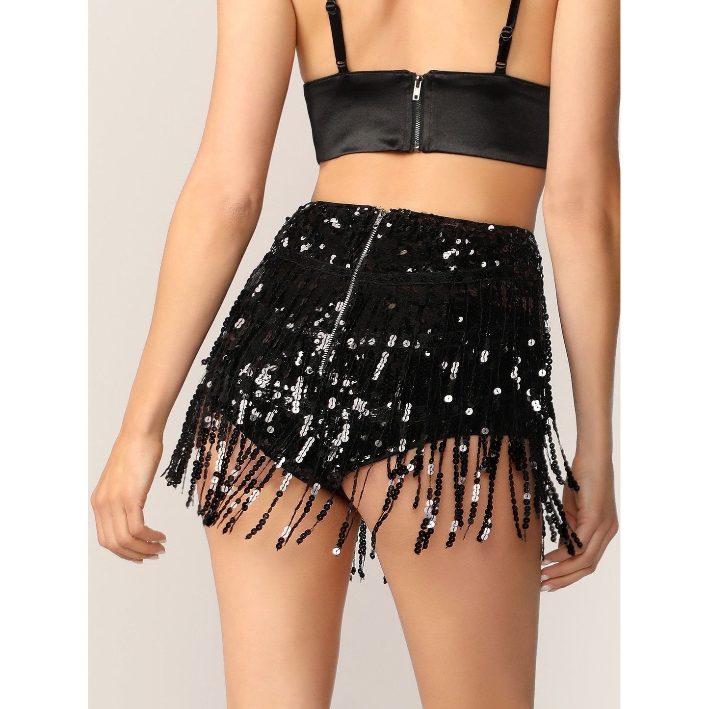 Zel Zip Back Fringe Sequin Shorts