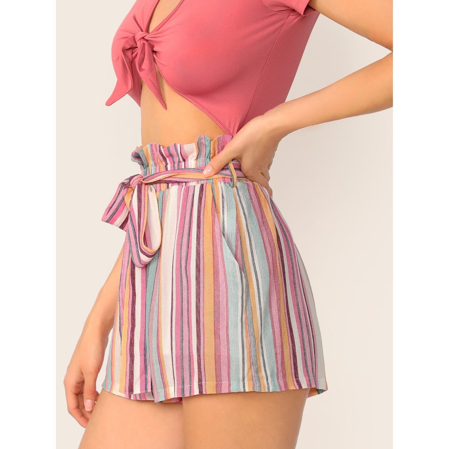 Pastel Paperbag High Waist Pocket Belted Shorts