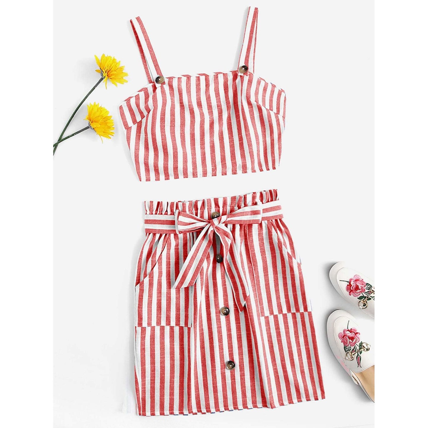 Striped Crop Cami Top Belted Set