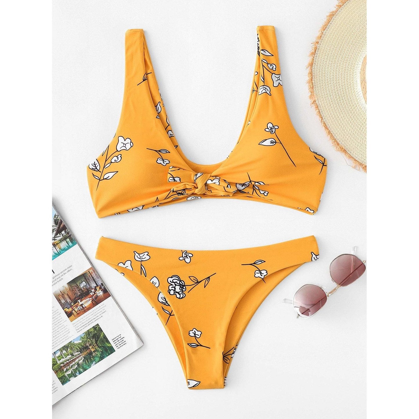 Yellow Floral Knot Front Bikini Set