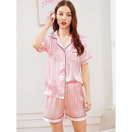 Striped Button Up Satin Pajama Set