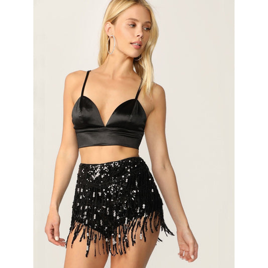 Zel Zip Back Fringe Sequin Shorts