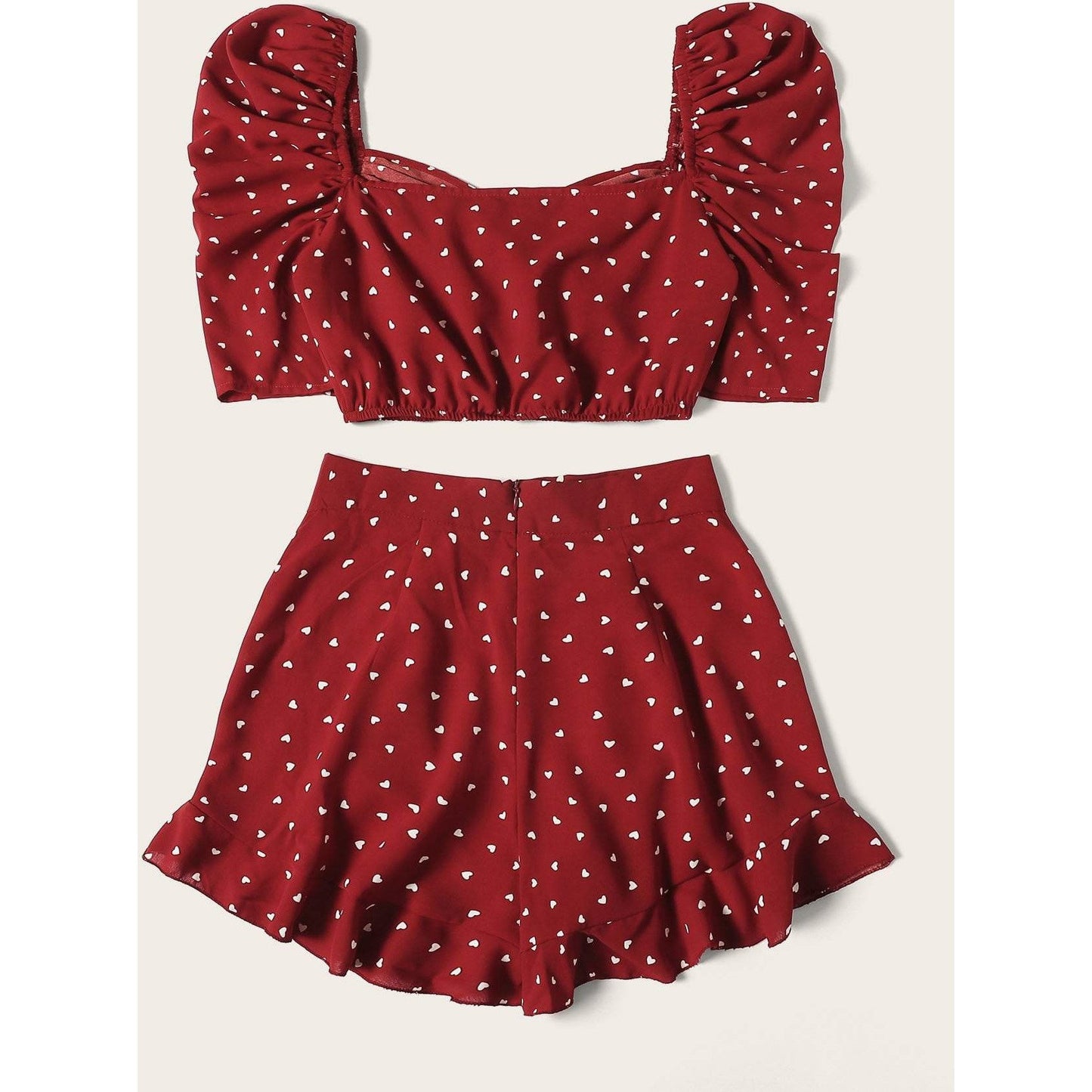 Heart Print Puff Sleeve Top With Ruffles Set