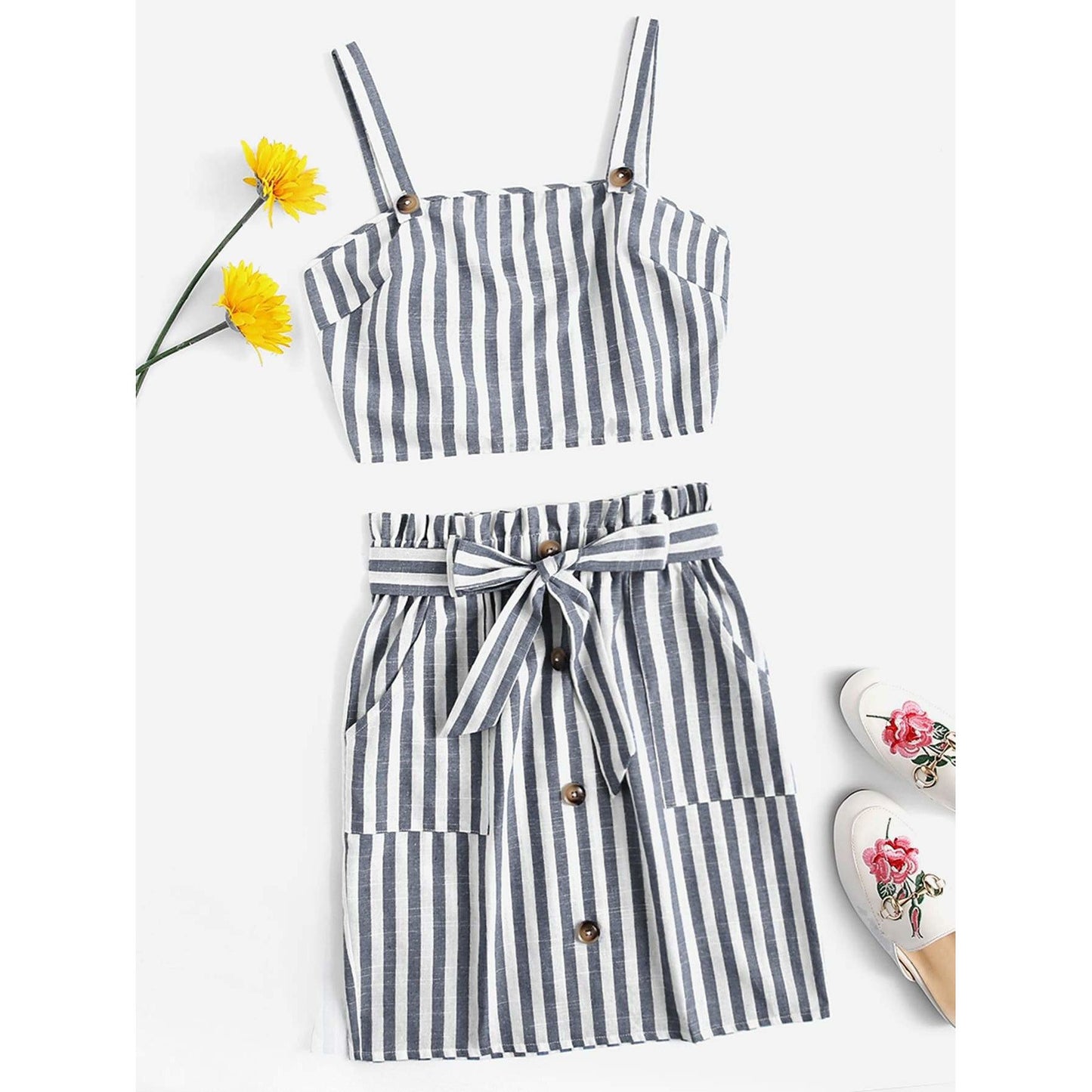 Striped Crop Cami Top Belted Set