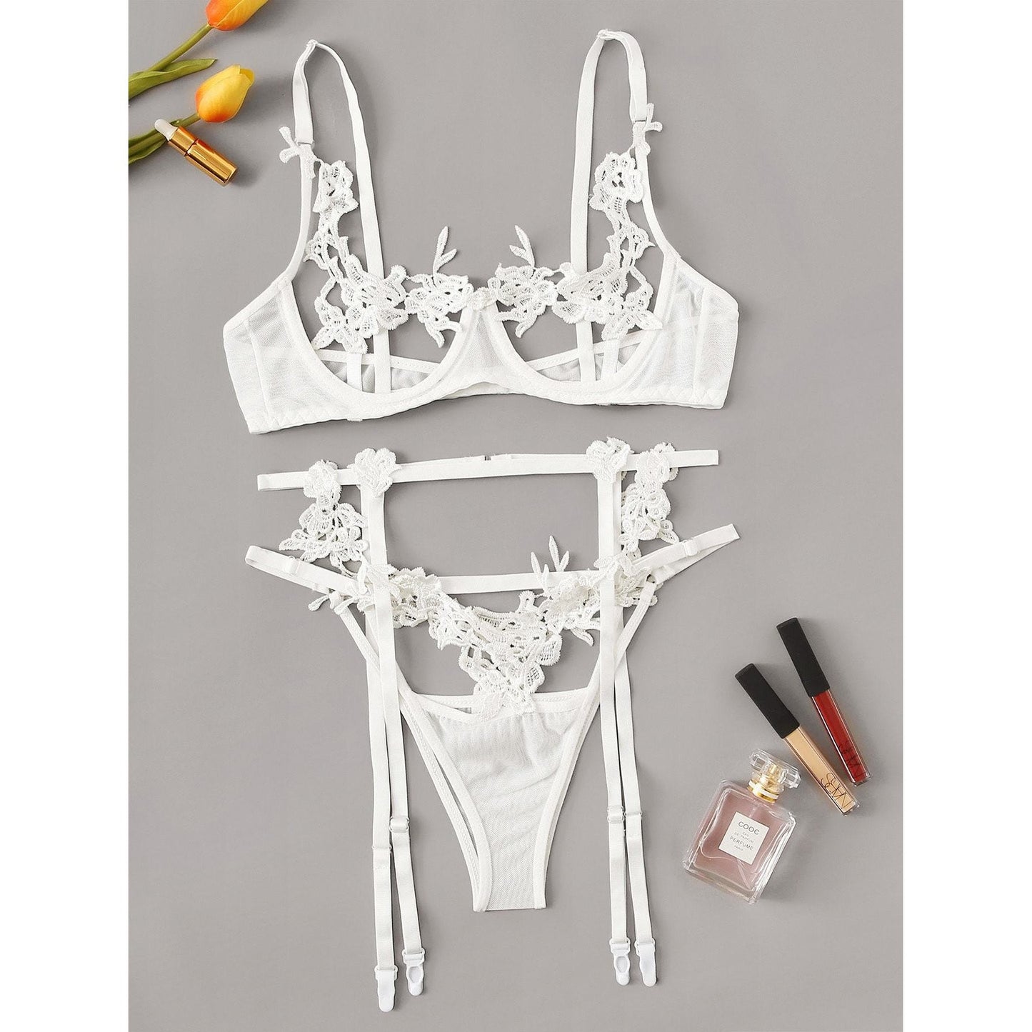 White Floral Lace Garter Lingerie Set