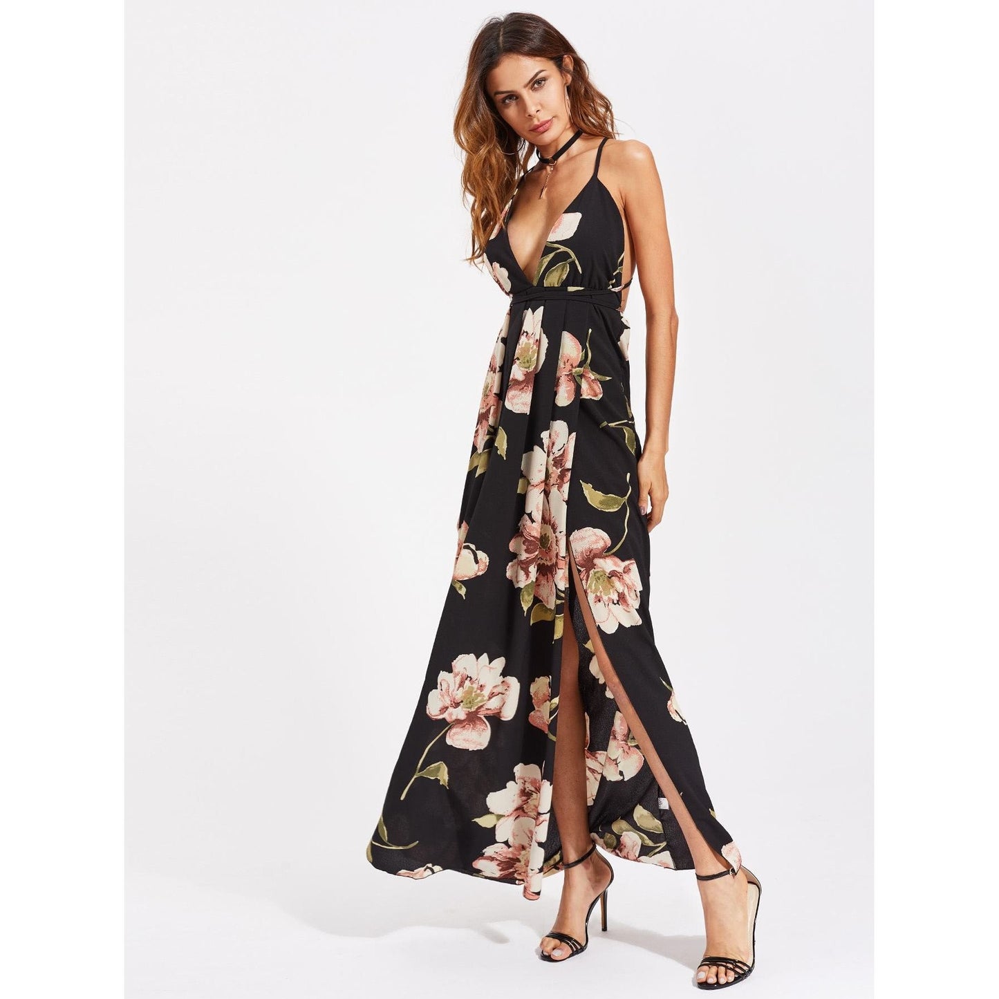 High Split Cross Back Floral Maxi Cami Dress