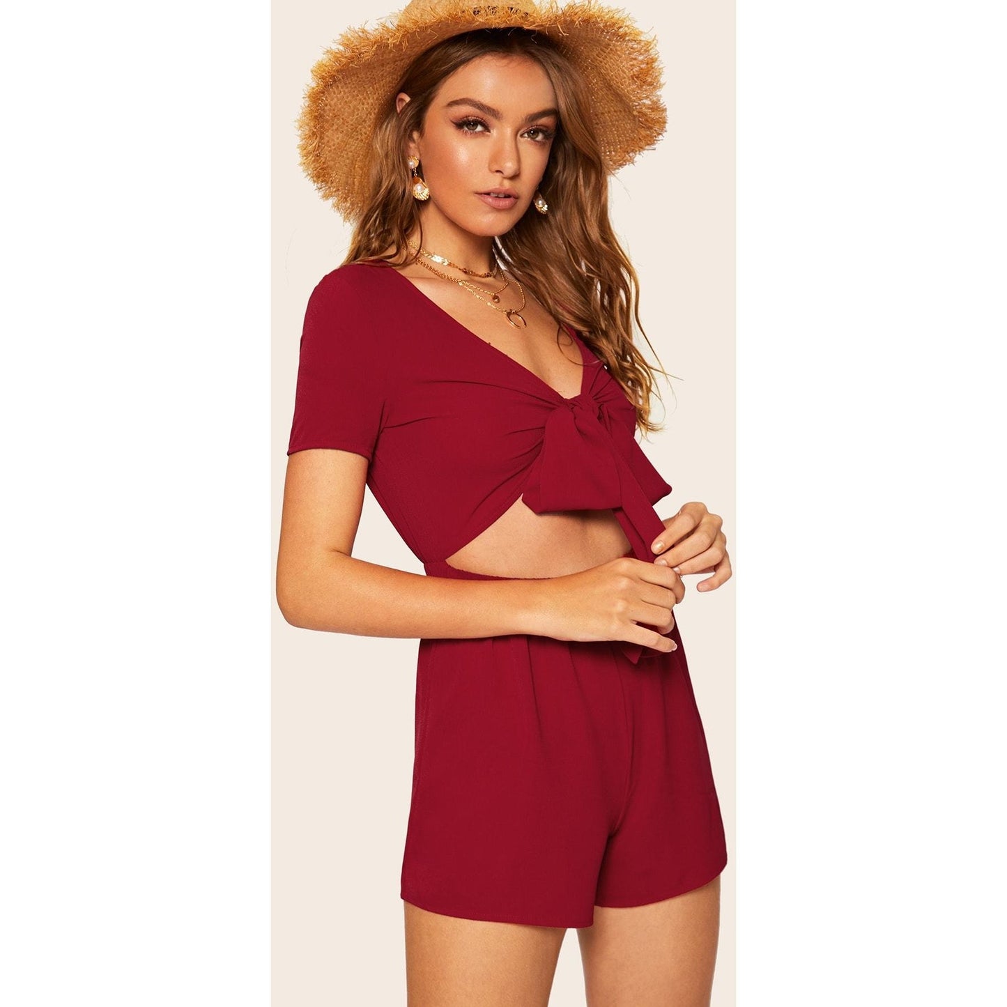 Red Tie Front Solid Playsuit