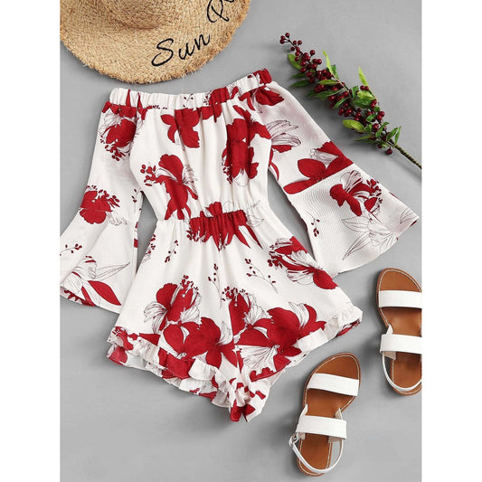 Off Shoulder Red Floral Print Romper