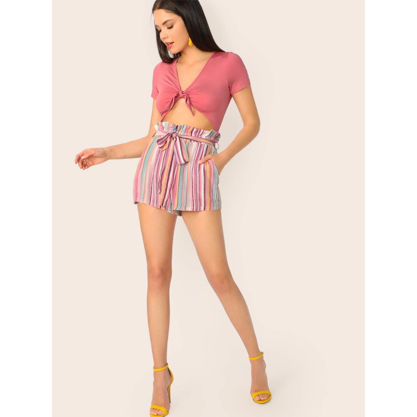 Pastel Paperbag High Waist Pocket Belted Shorts