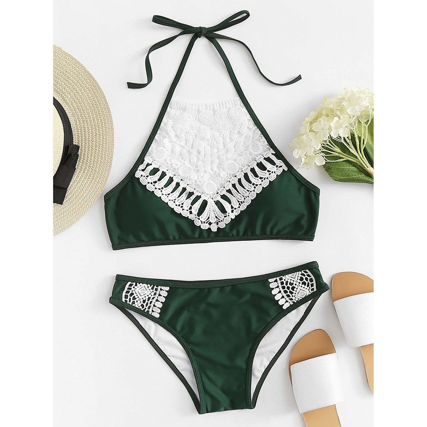 Lace Crochet Halter Bikini Set