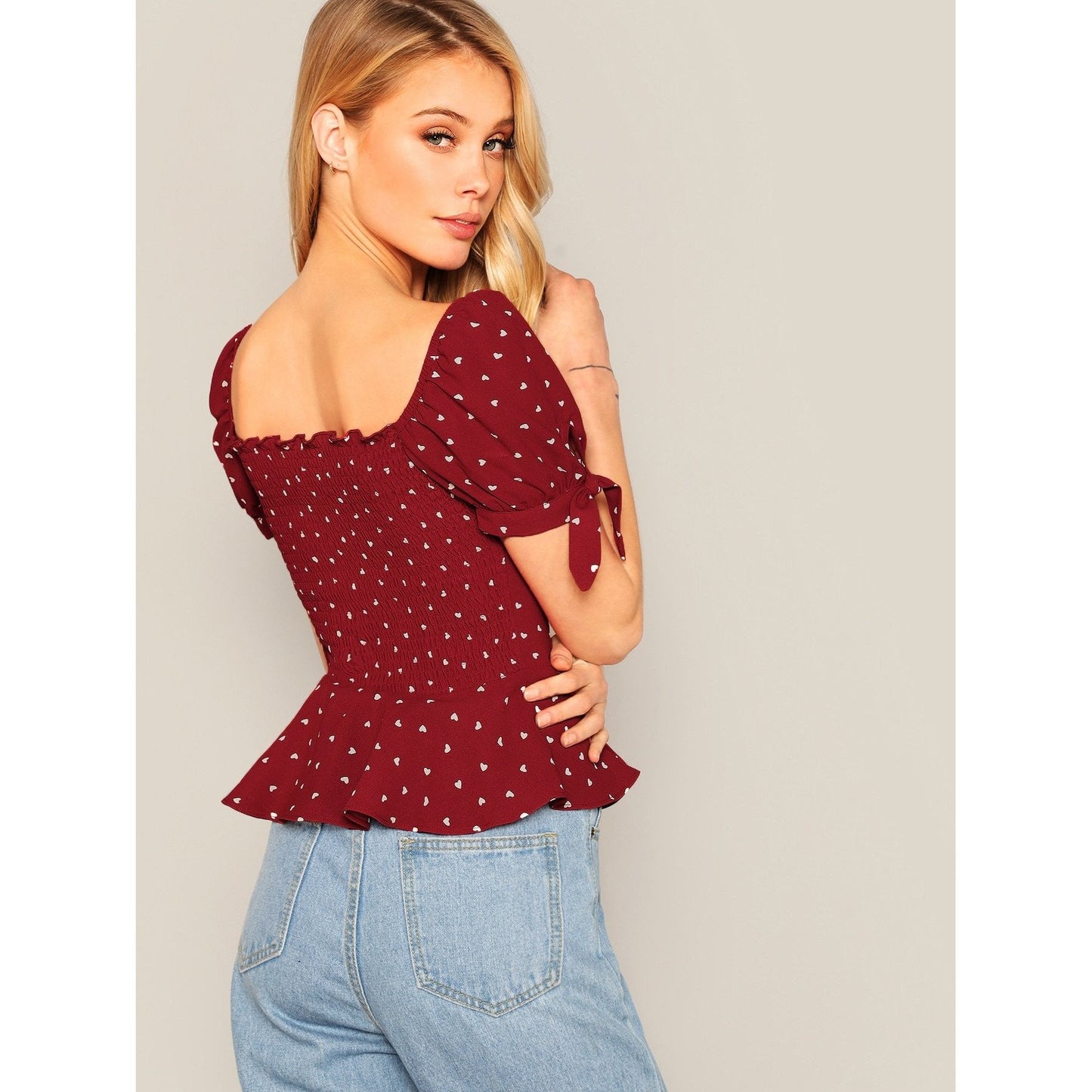 Knot Sleeve Buttoned Peplum Blouse