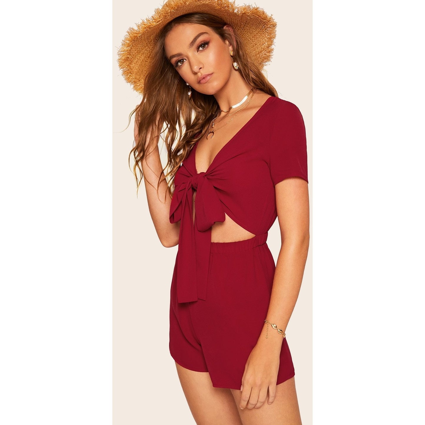 Red Tie Front Solid Playsuit