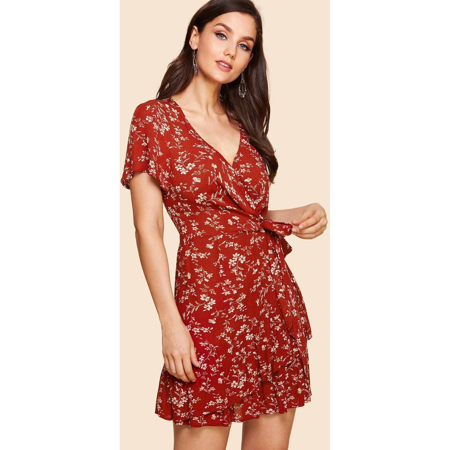 Red Wrap Tie Waist Calico Dress