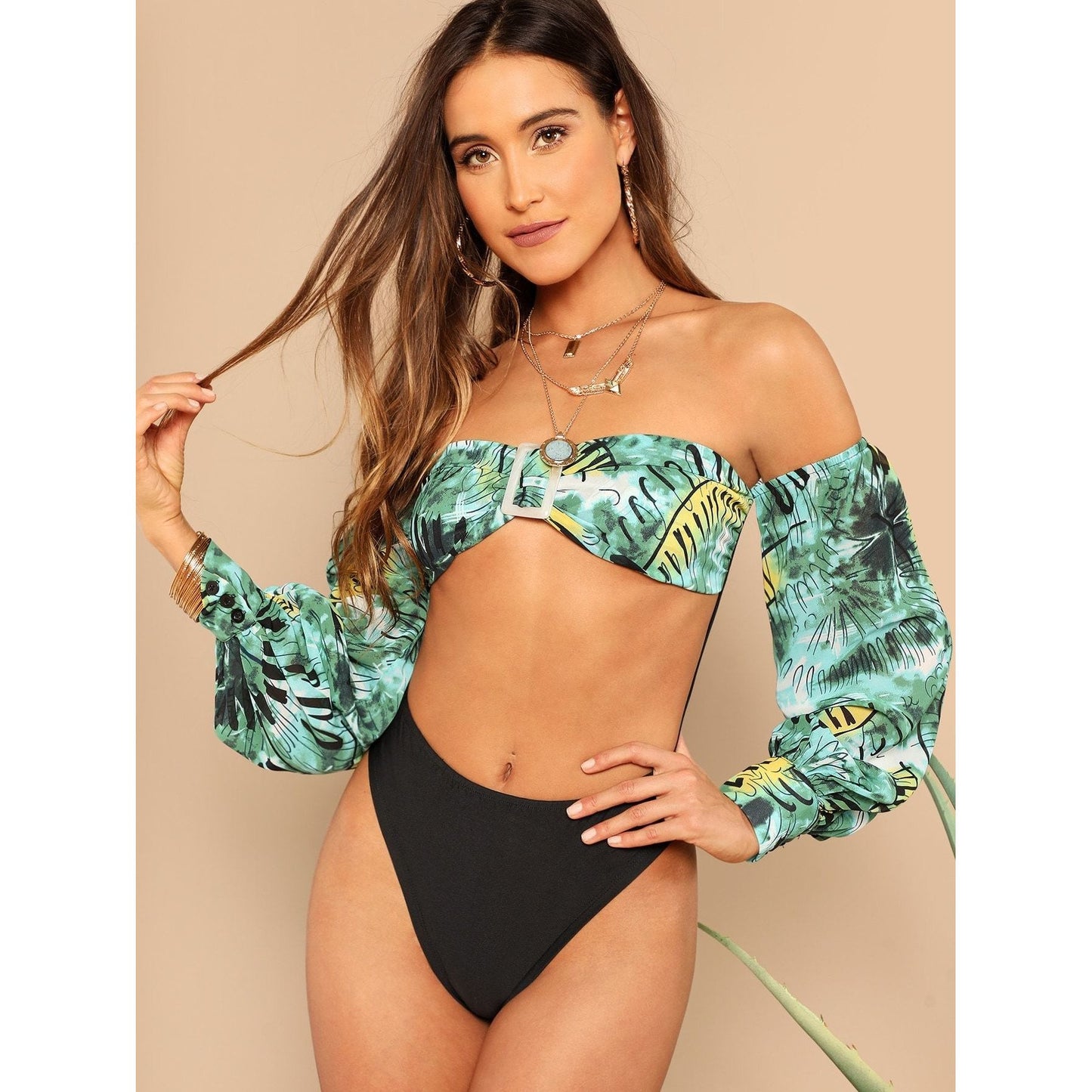 Tropical Buckle Detail Bishop Sleeve Bodysuit