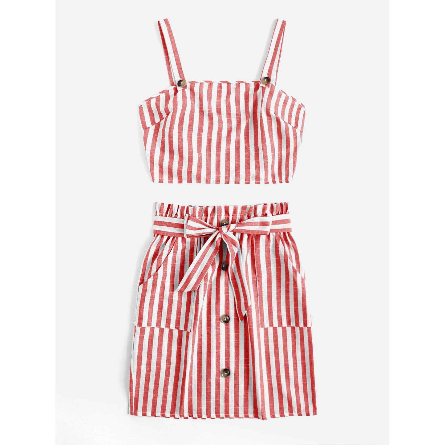 Striped Crop Cami Top Belted Set