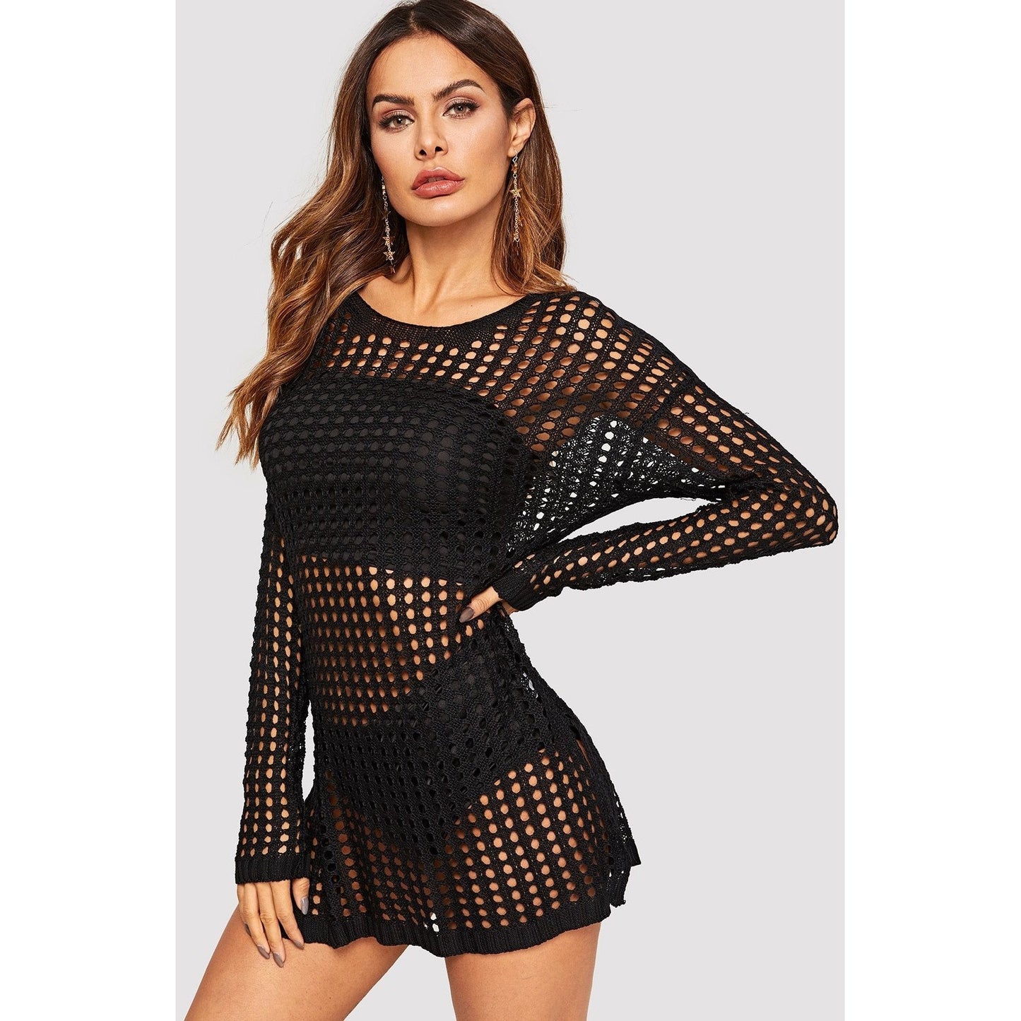 Drop Shoulder Crochet Slit Hem Cover Up