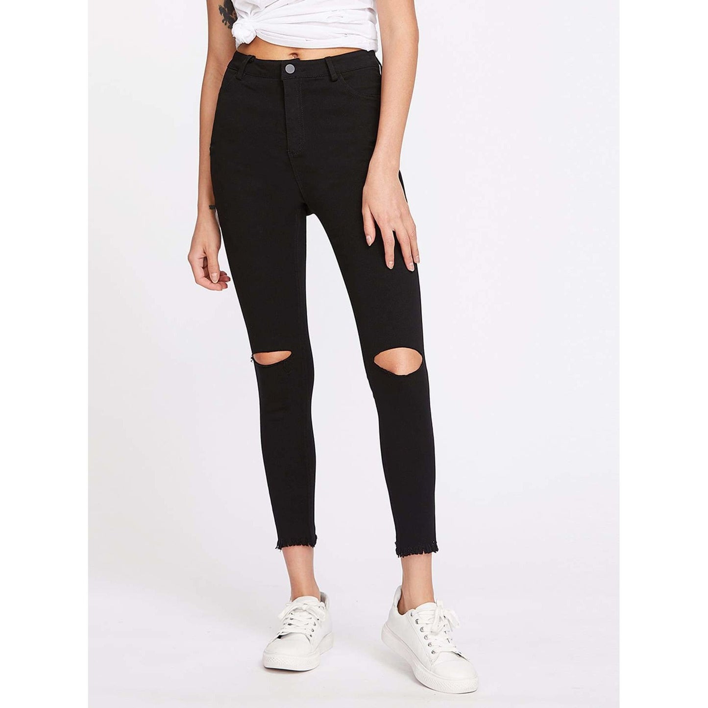 Knee Cut Frayed Hem Skinny Jeans