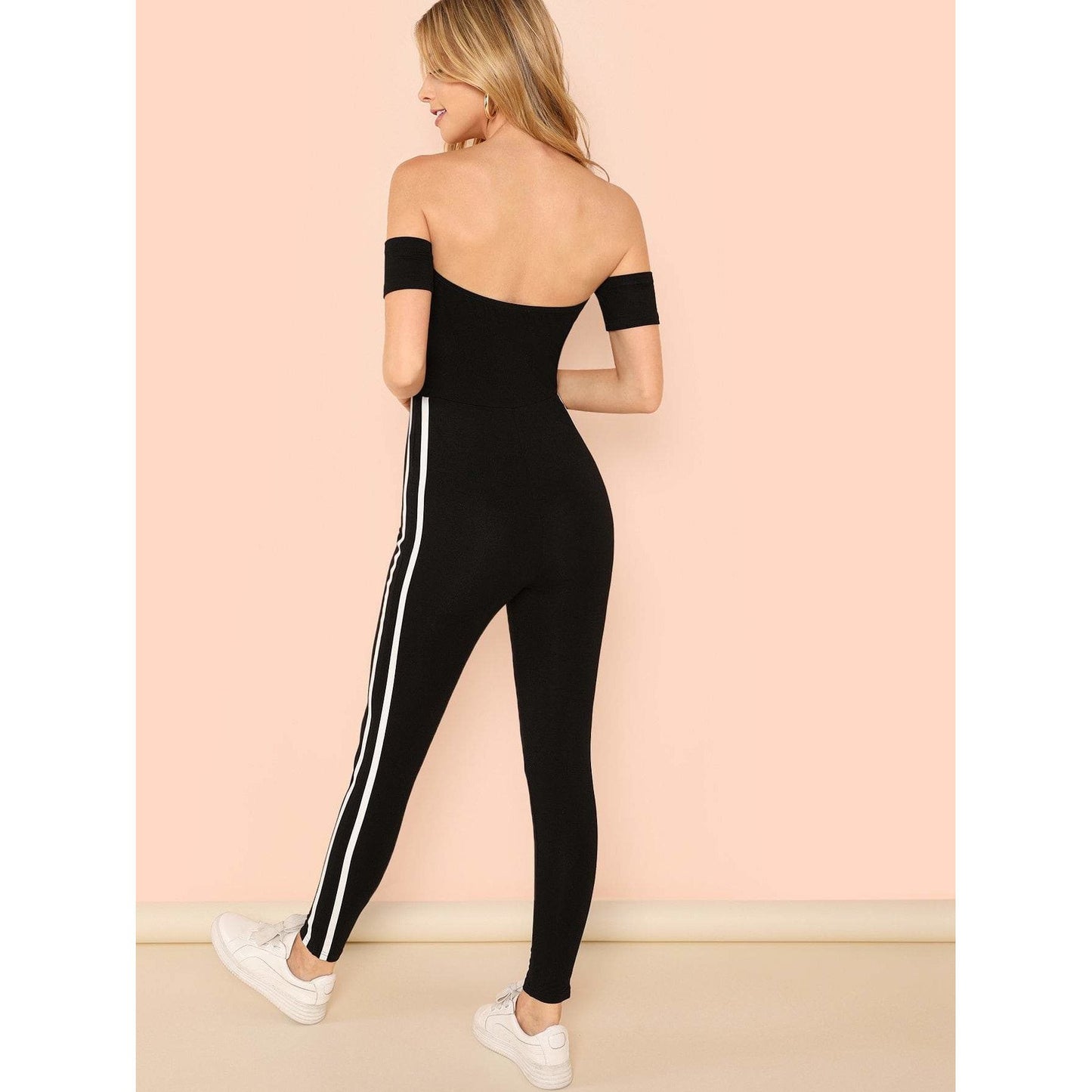 Off Shoulder Striped Side Fitted Jumpsuit