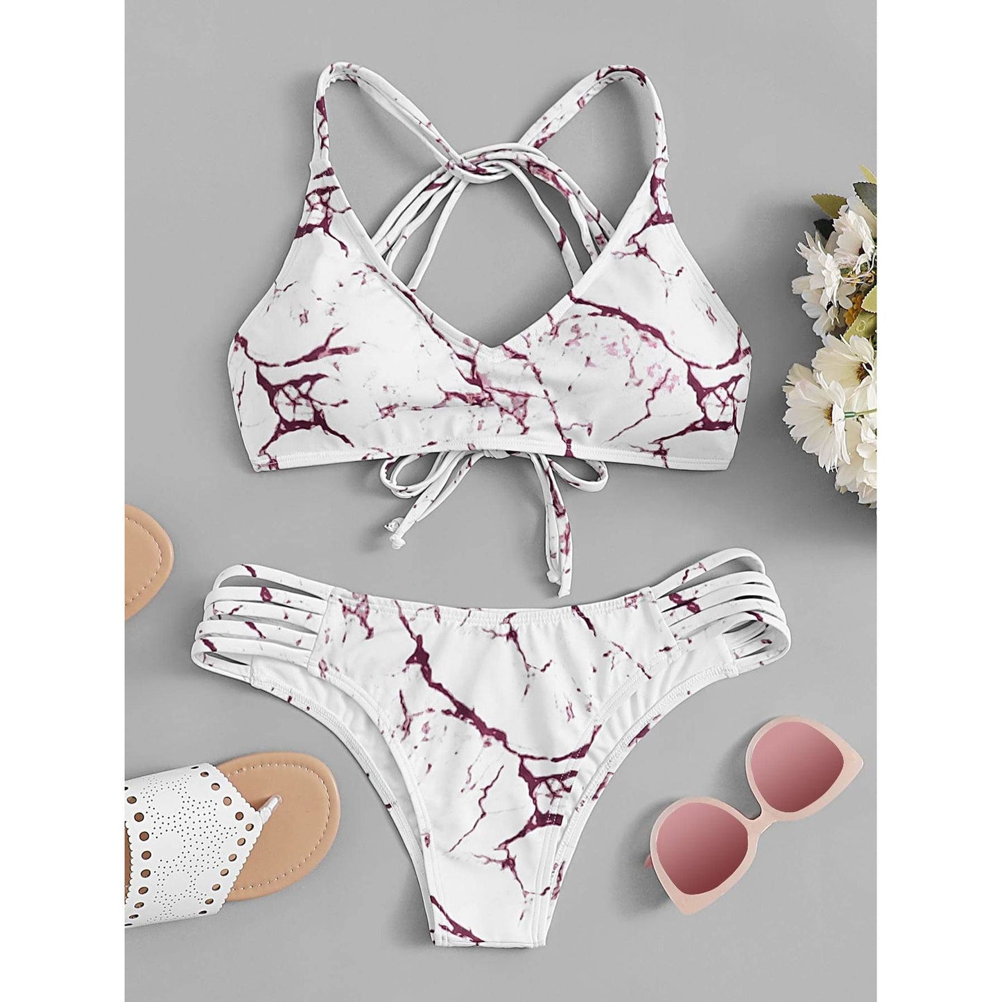 Marble Print Strappy Micro Bikini