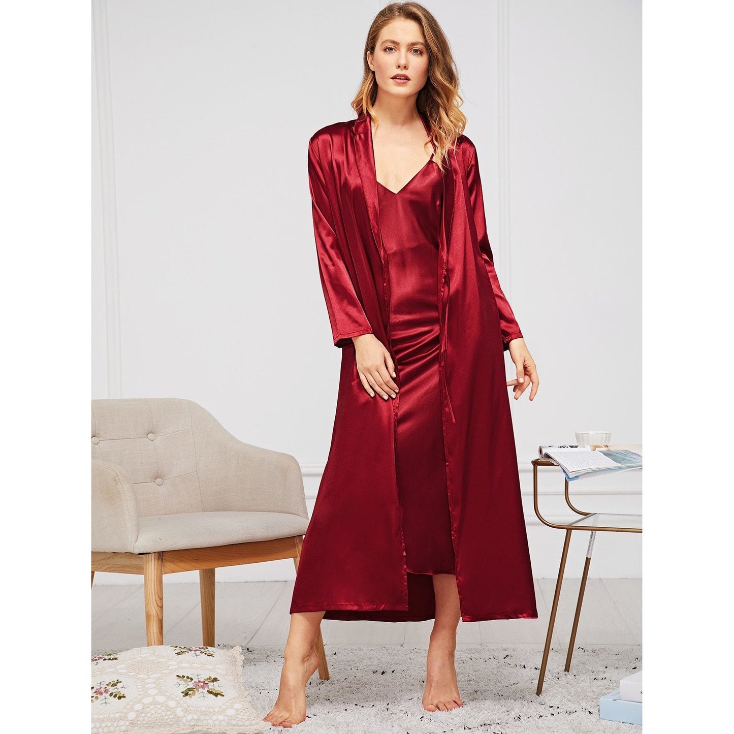 Satin Cami Dress With Self Belted Robe