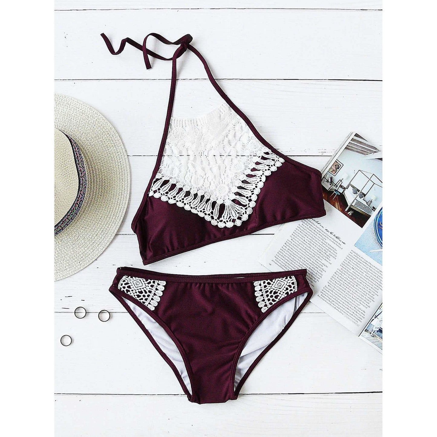 Lace Crochet Halter Bikini Set