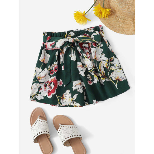 Green Self Tie Floral Print Shorts