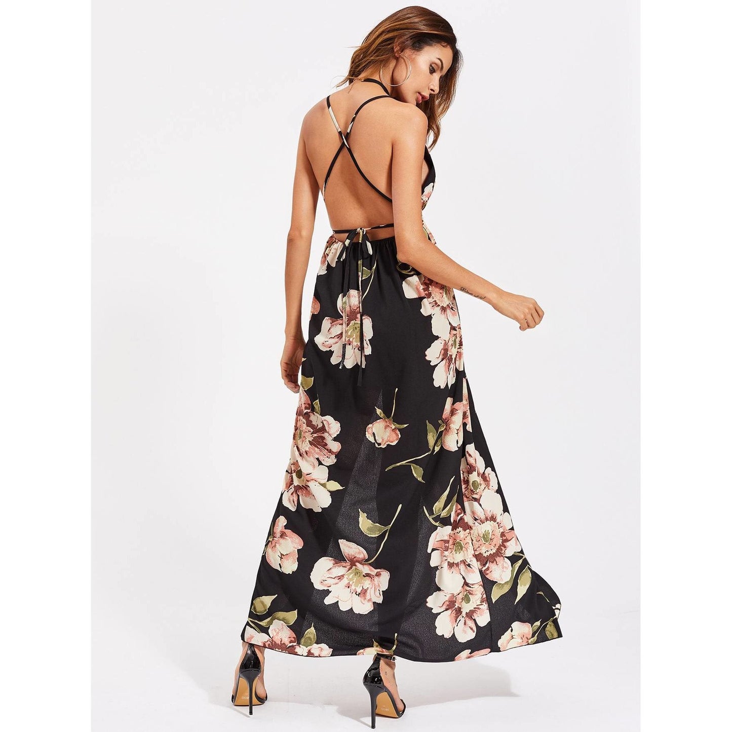 High Split Cross Back Floral Maxi Cami Dress