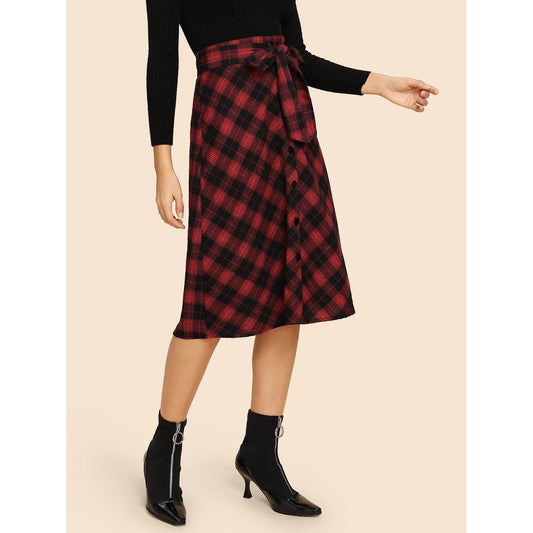Button Up Plaid Belted Skirt