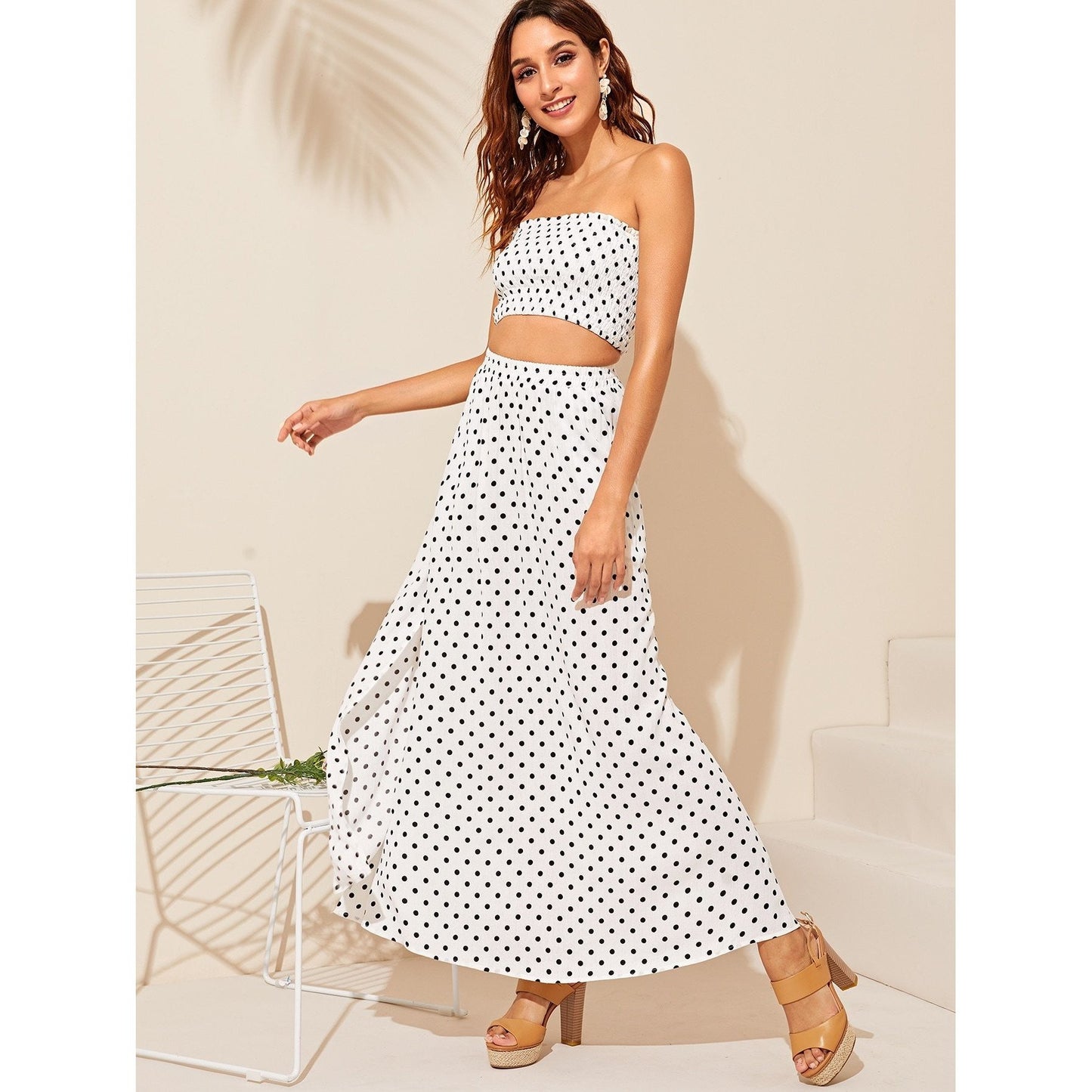 Polka Dot Shirred Maxi Set