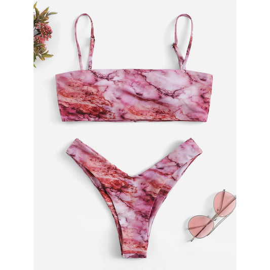 Pink Marble Print Bandeau Bikini Set