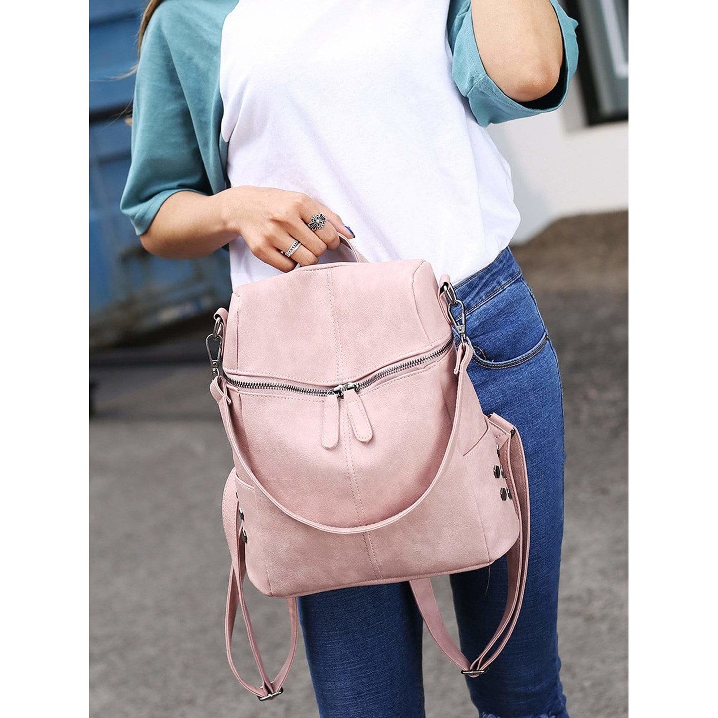 Zipper Front PU Backpack With Convertible Strap