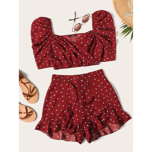 Heart Print Puff Sleeve Top With Ruffles Set