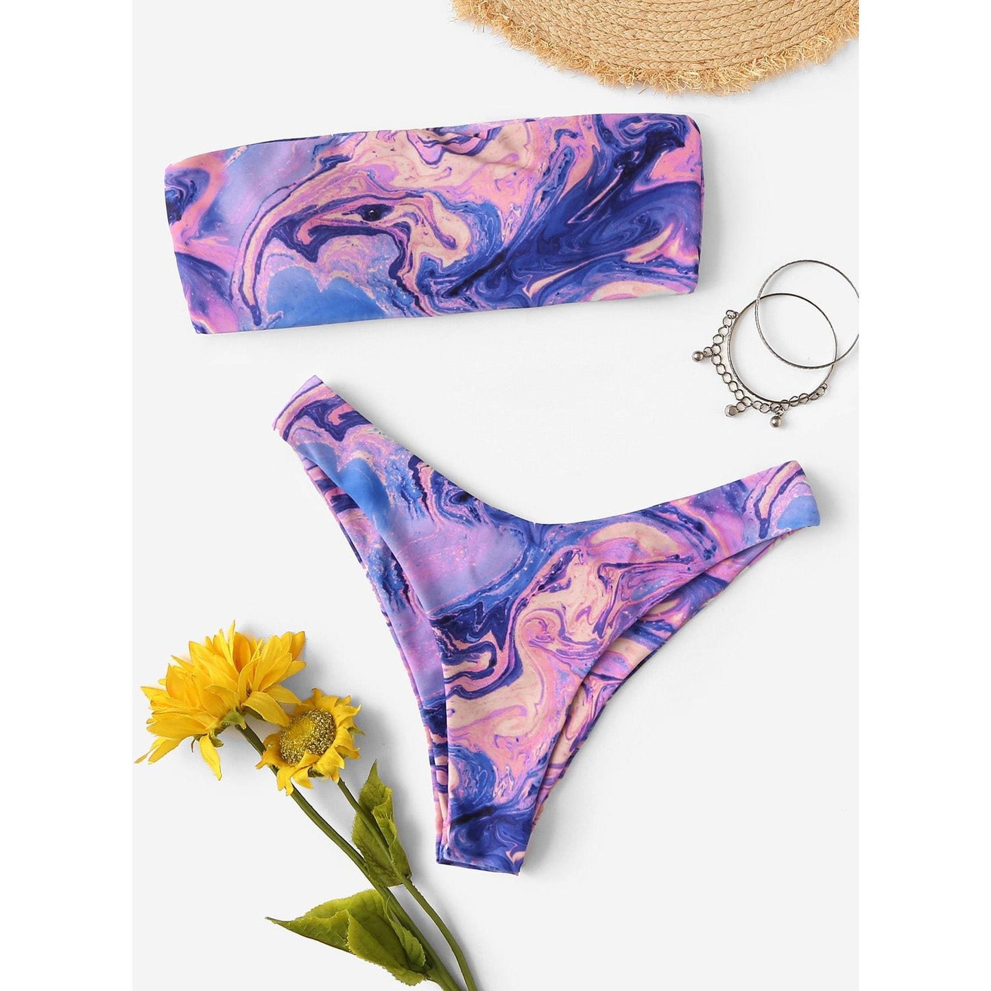 Watercolor Print Bandeau Bikini Set