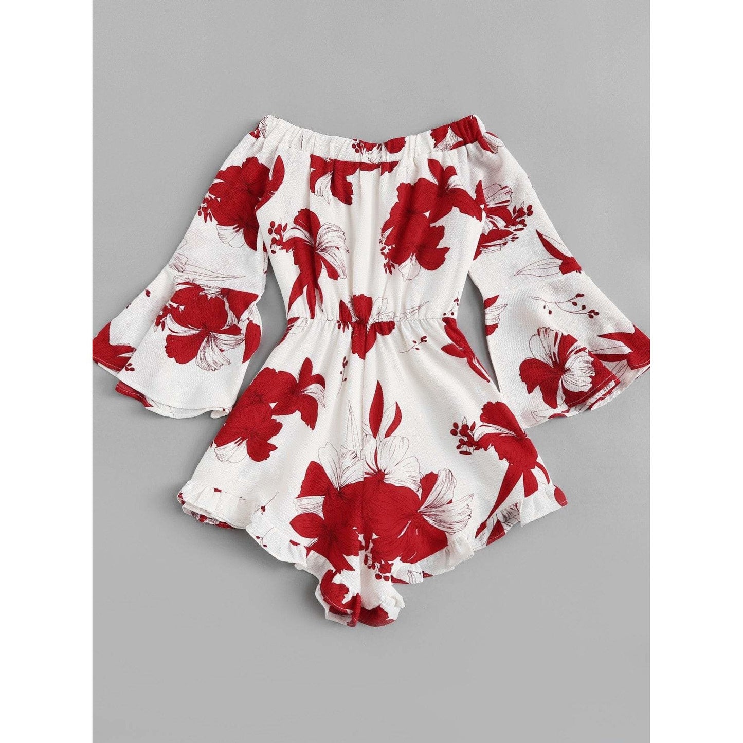 Off Shoulder Red Floral Print Romper