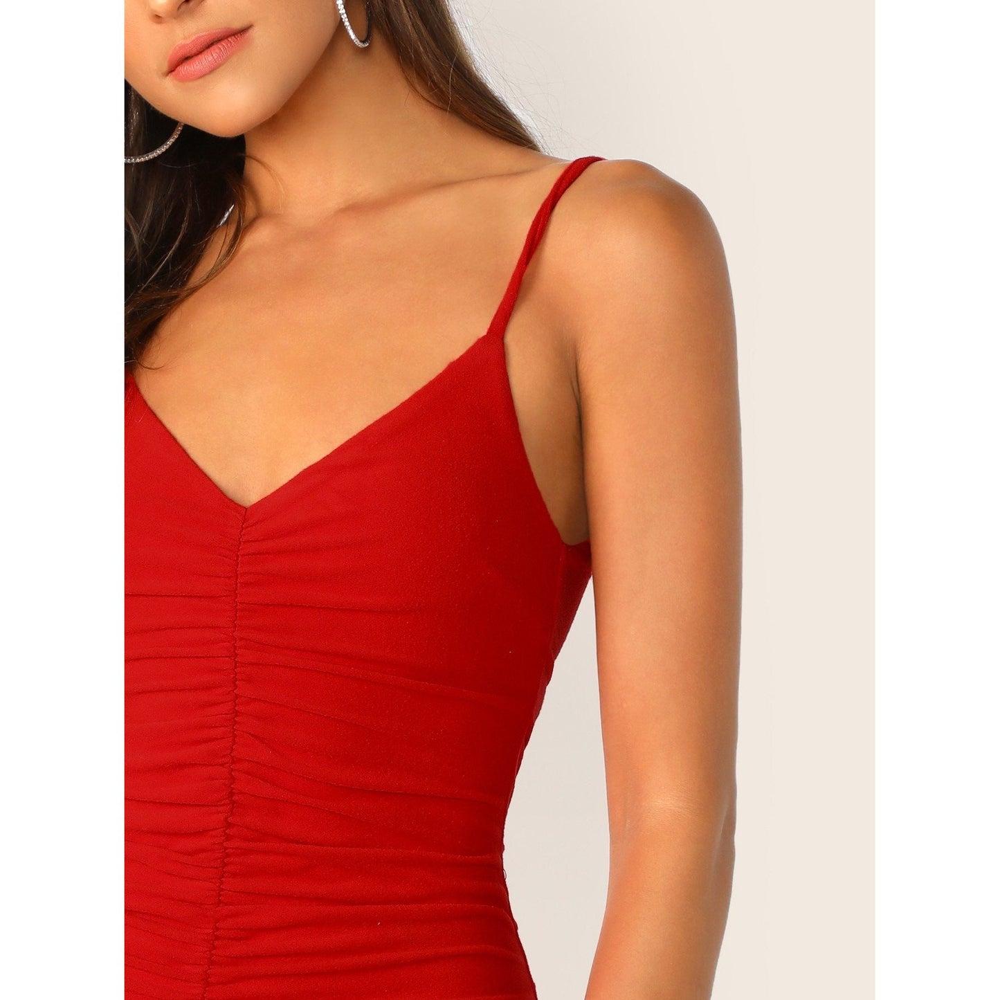 Solid Red Ruched Bodycon Slip Dress