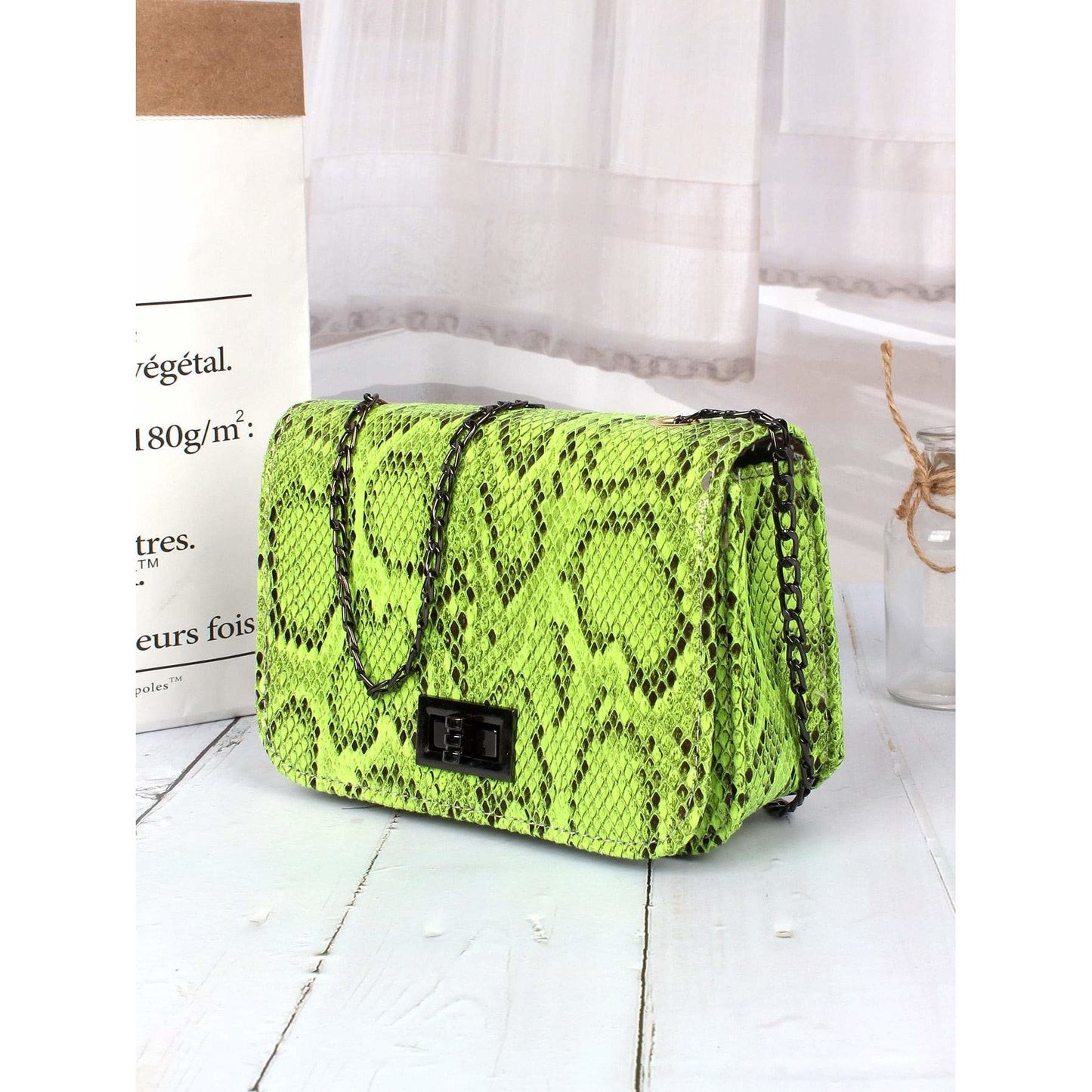 Neon Lime Snake Print Twist Lock Chain Bag