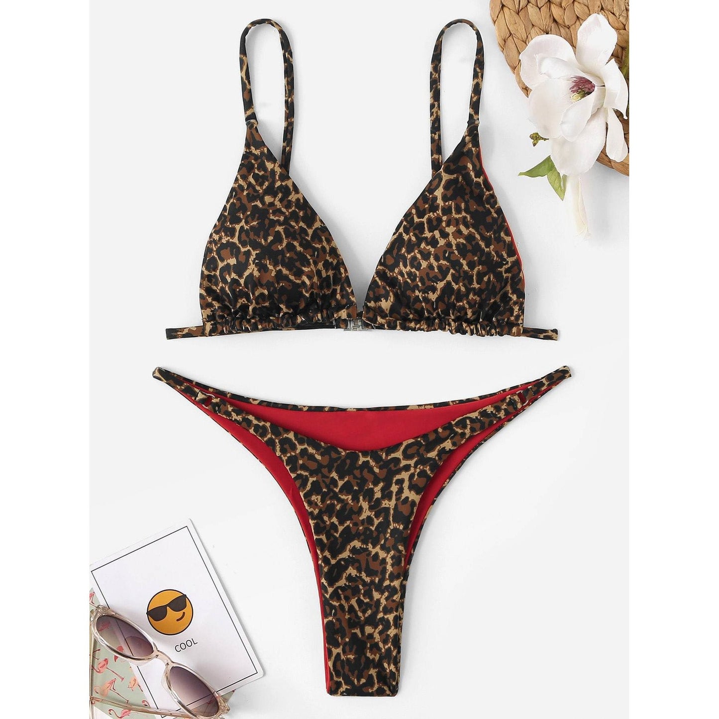 Leopard Triangle Red Lined Bikini Set