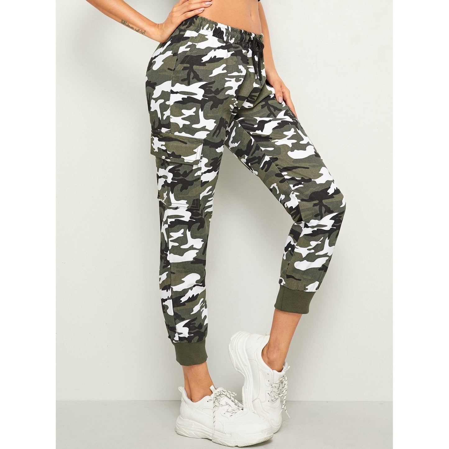 Drawstring Waist Camouflage Jeans