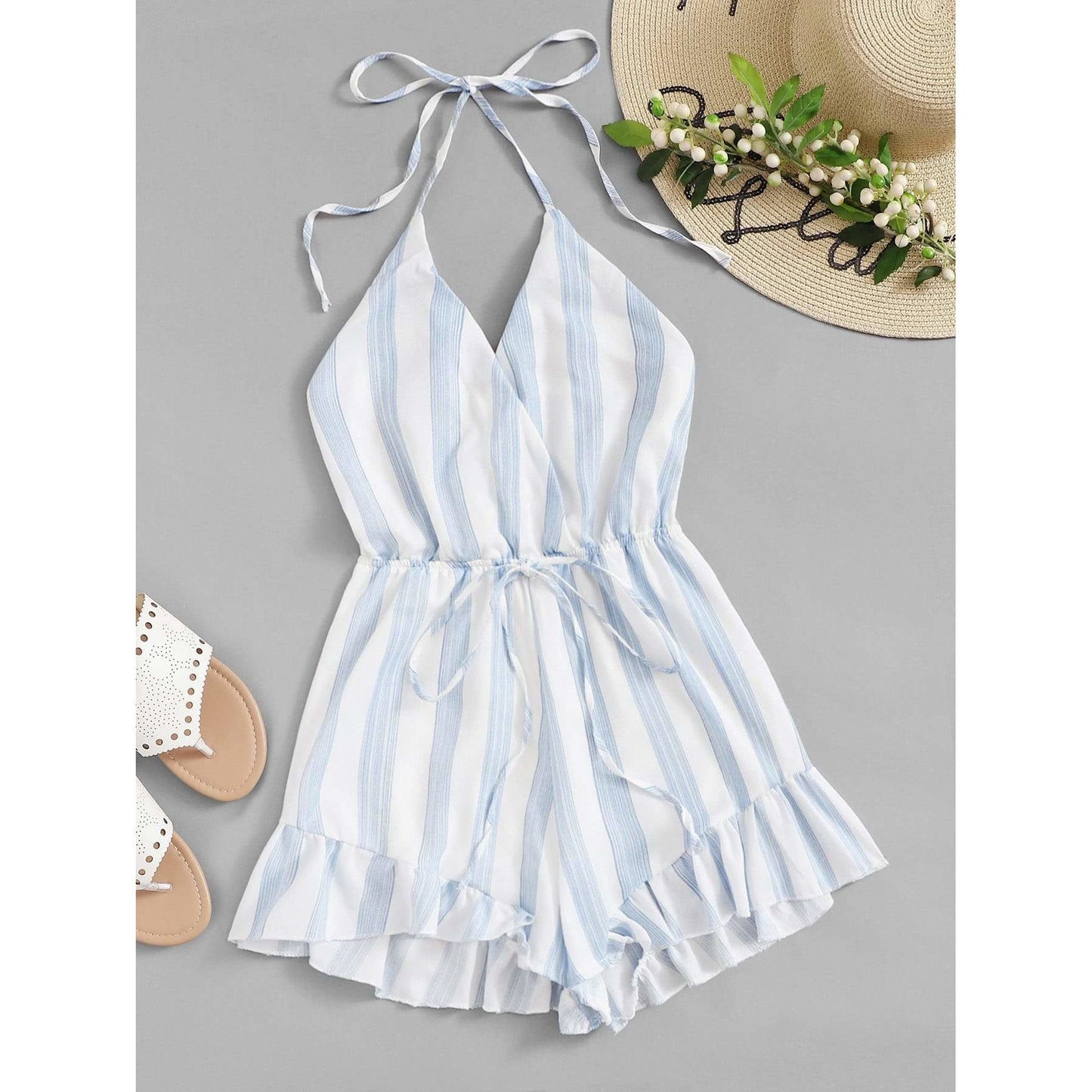 Drawstring Waist Striped Romper