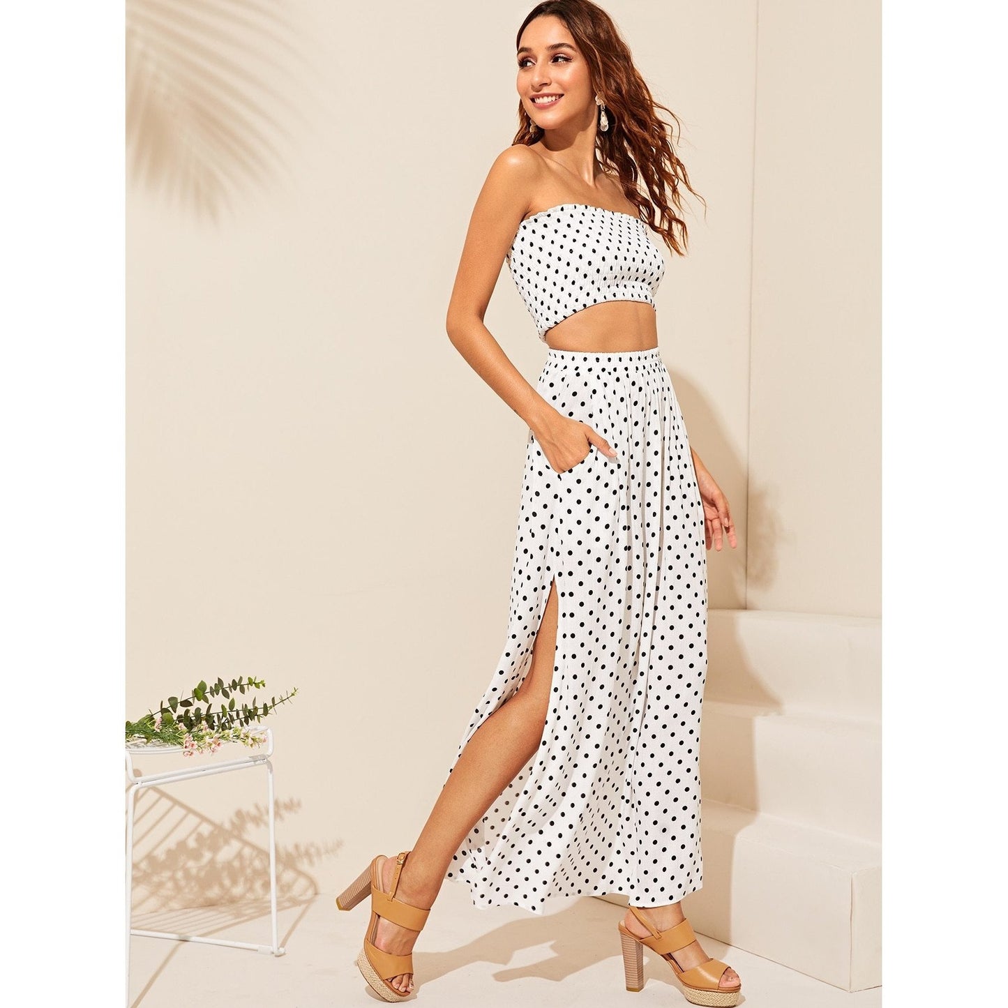 Polka Dot Shirred Maxi Set