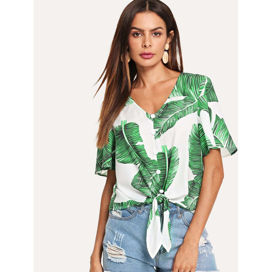 Buttoned Knot Front Tropical Top