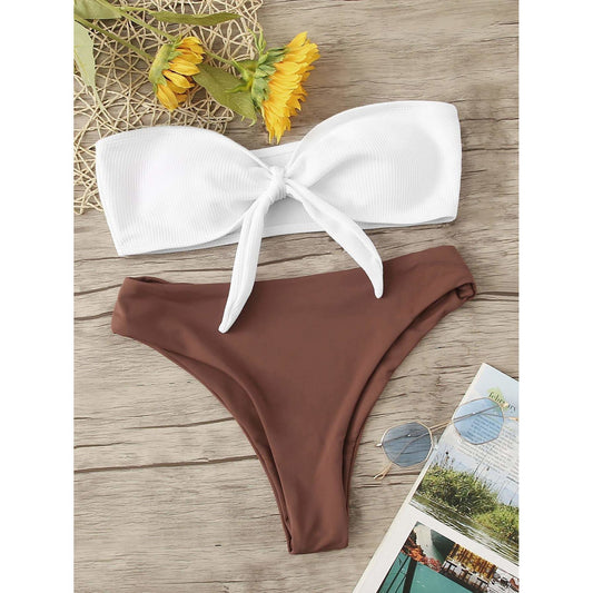 Lain Tie Front Ribbed Bandeau Bikini Set