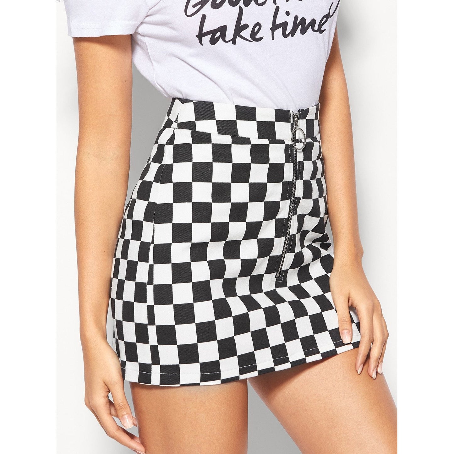 Front Zip Checkered Skirt