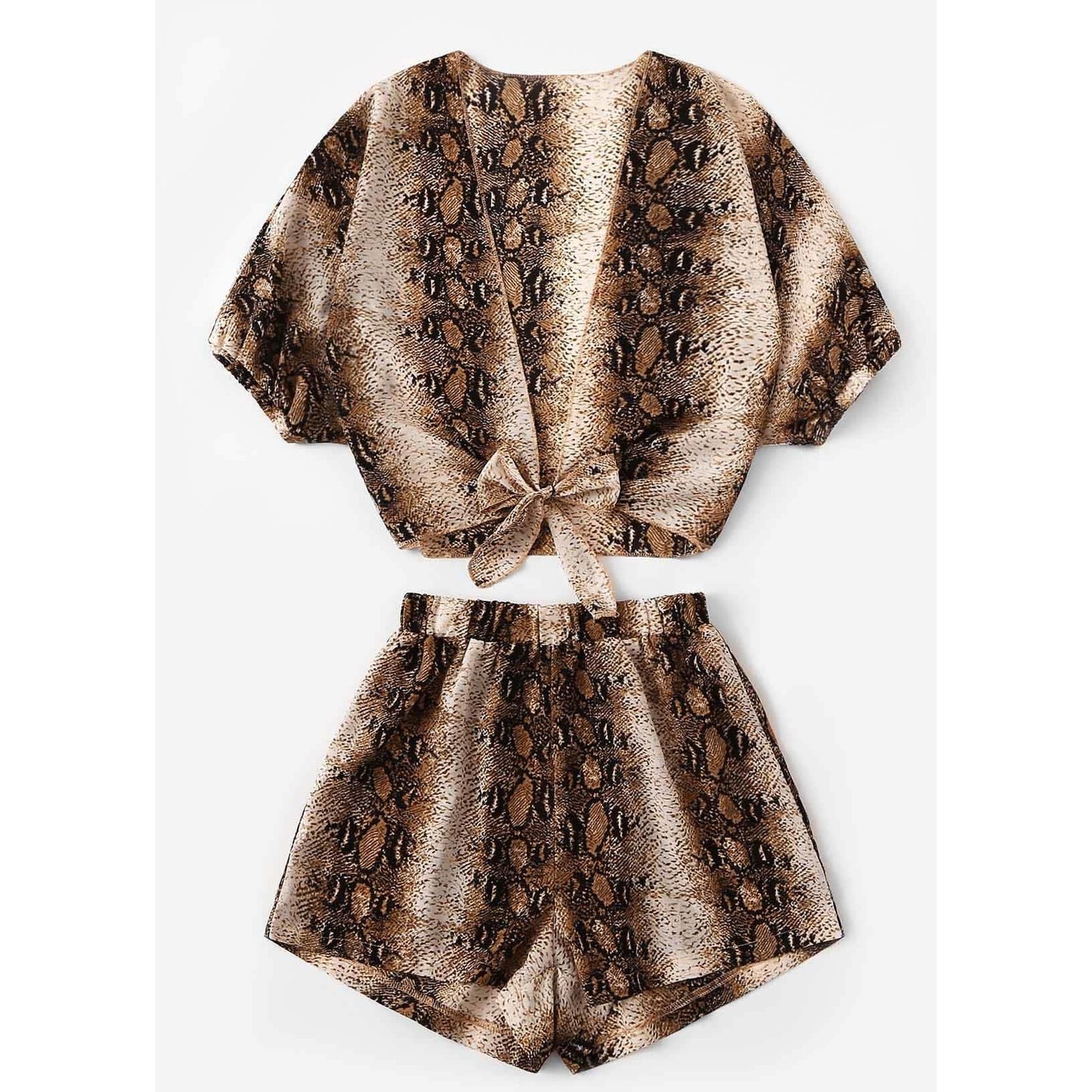 Knot Hem Snake Print Top With Shorts