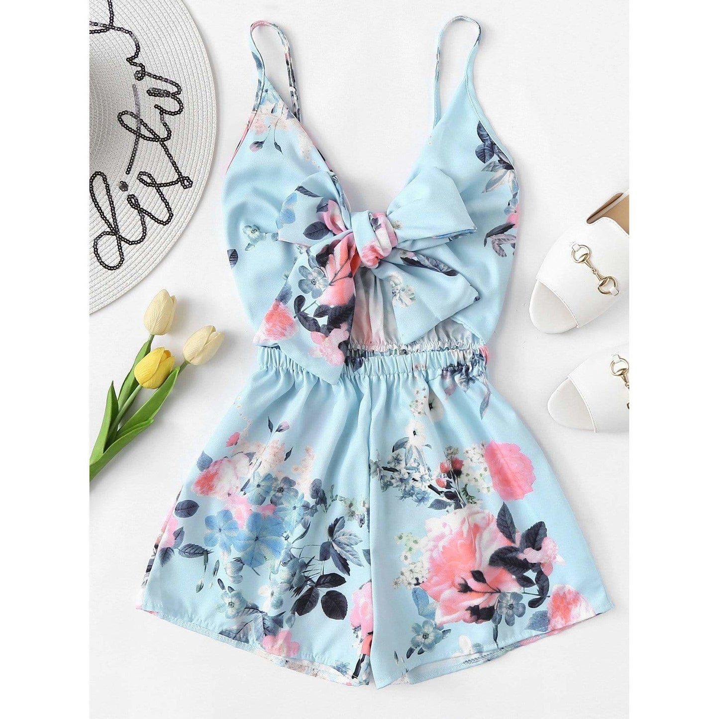 Light Blue Front Floral Print Romper