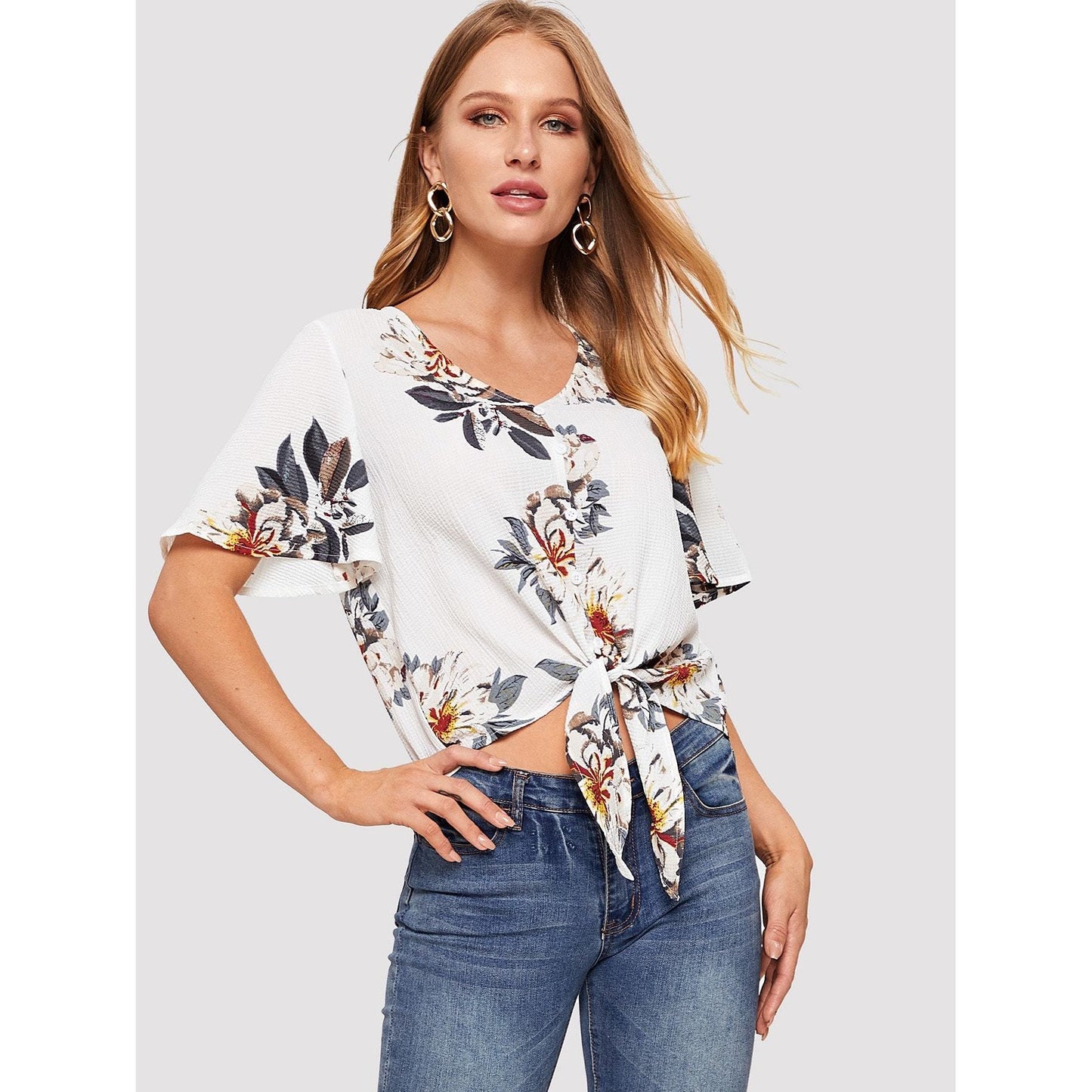 Buttoned Knot Front Tropical Top