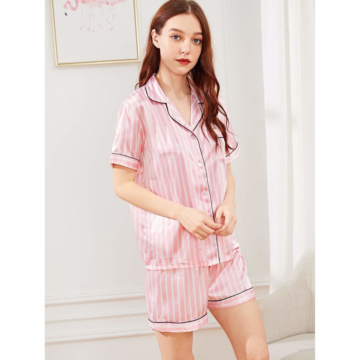 Striped Button Up Satin Pajama Set