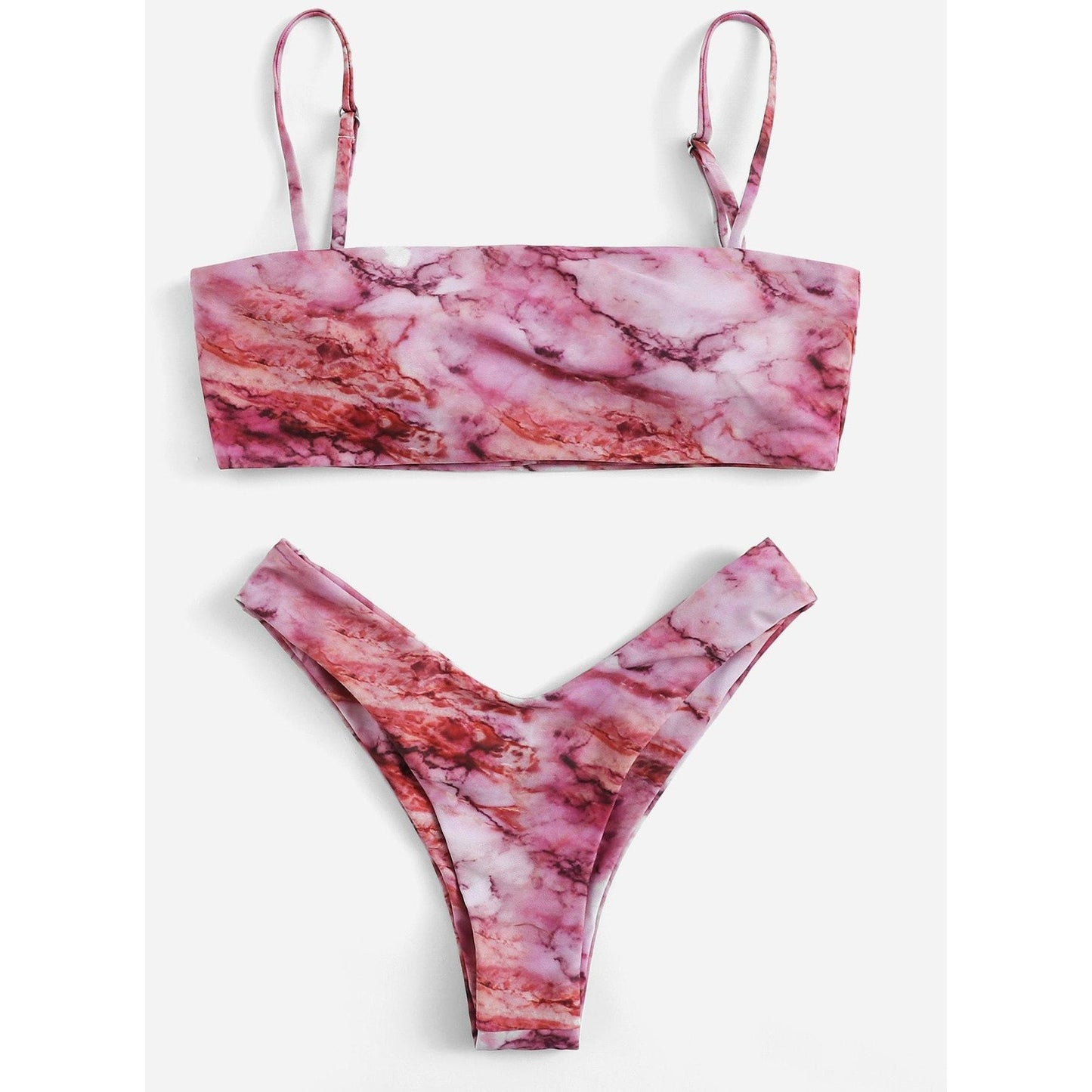 Pink Marble Print Bandeau Bikini Set