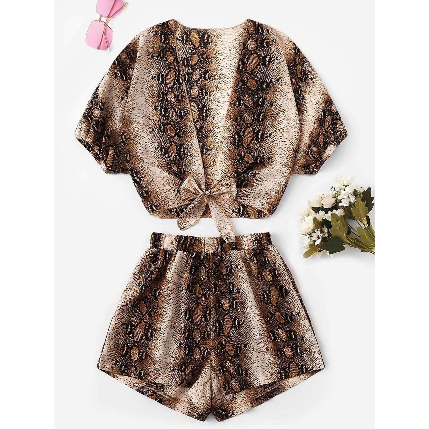 Knot Hem Snake Print Top With Shorts