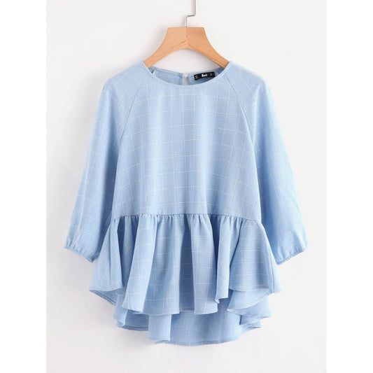 Billie Sleeve Ruffle Dip Hem Grid Blouse